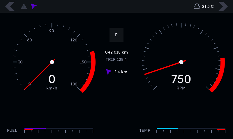 Twin-dial automotive cluster rendered by the μGui C library on an 800 by 480 panel: speedometer and tachometer with damped needles and redlines, digital readouts, gear indicator, icon tell-tales, blinking turn signals, fuel and coolant gauges