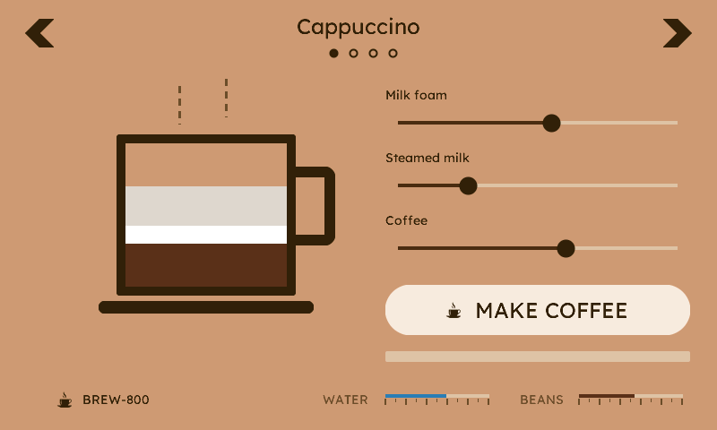 Coffee machine front panel rendered by the μGui C library on an 800 by 480 panel: drink carousel with page dots, a mug whose foam, milk and coffee layers follow three recipe sliders, a MAKE COFFEE button with brew progress, steam, and water and bean level gauges