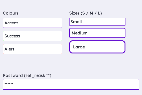Colours, Sizes & Password Masking